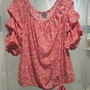 C&C California Pink Printed Puff-Sleeve Tie-Hem Top With Gold Sparkle Accents